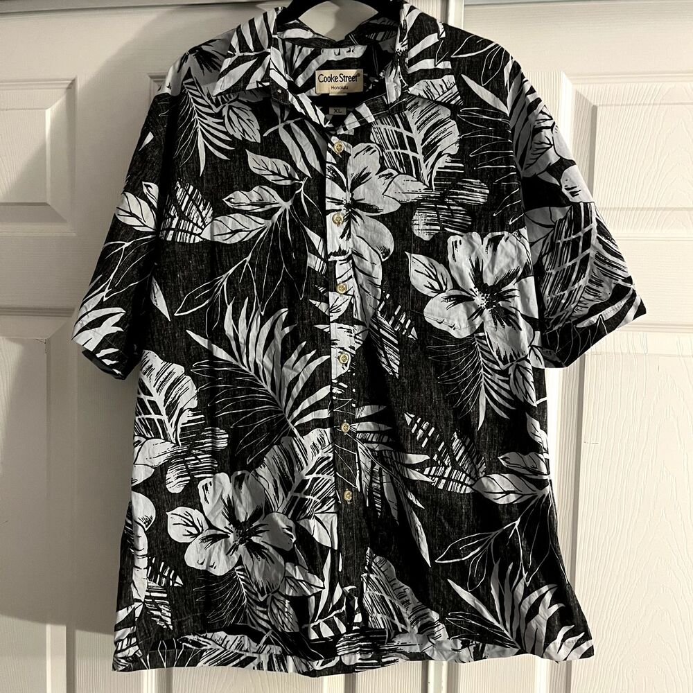 Vintage Cooke Street Honolulu Hawaiian Shirt XL Black White Hibiscus Floral Aloh